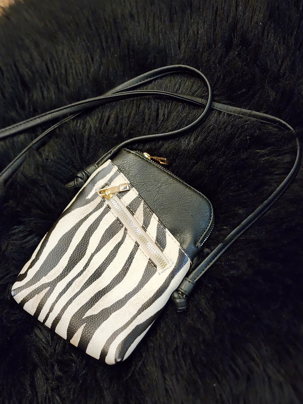 Black, White & Tan Zebra Print Crossbody Bag with Gold Hardware